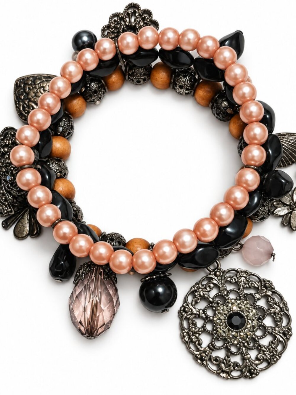 Boho Triple-Strand Beaded Charm Bracelet – Pink, Black & Silver-Tone S/M